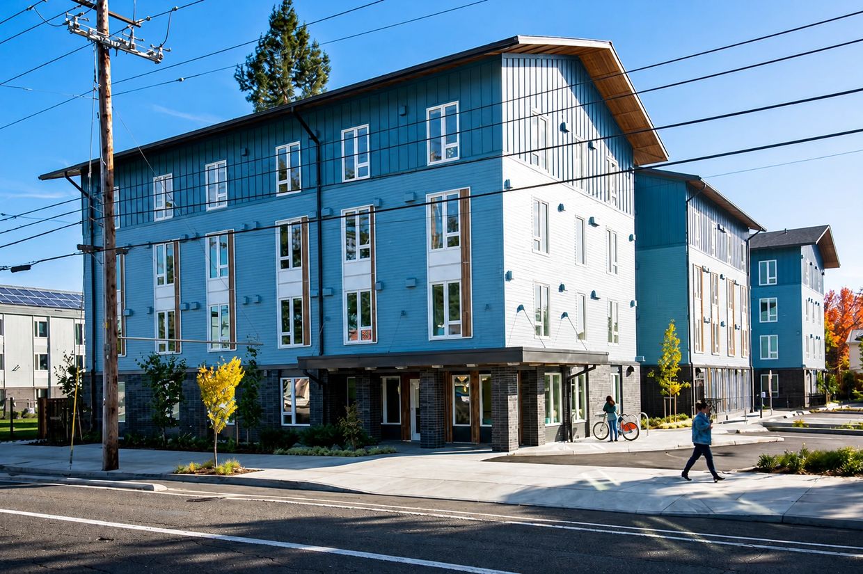 Modern blue apartment building on a sunny day with pedestrians.