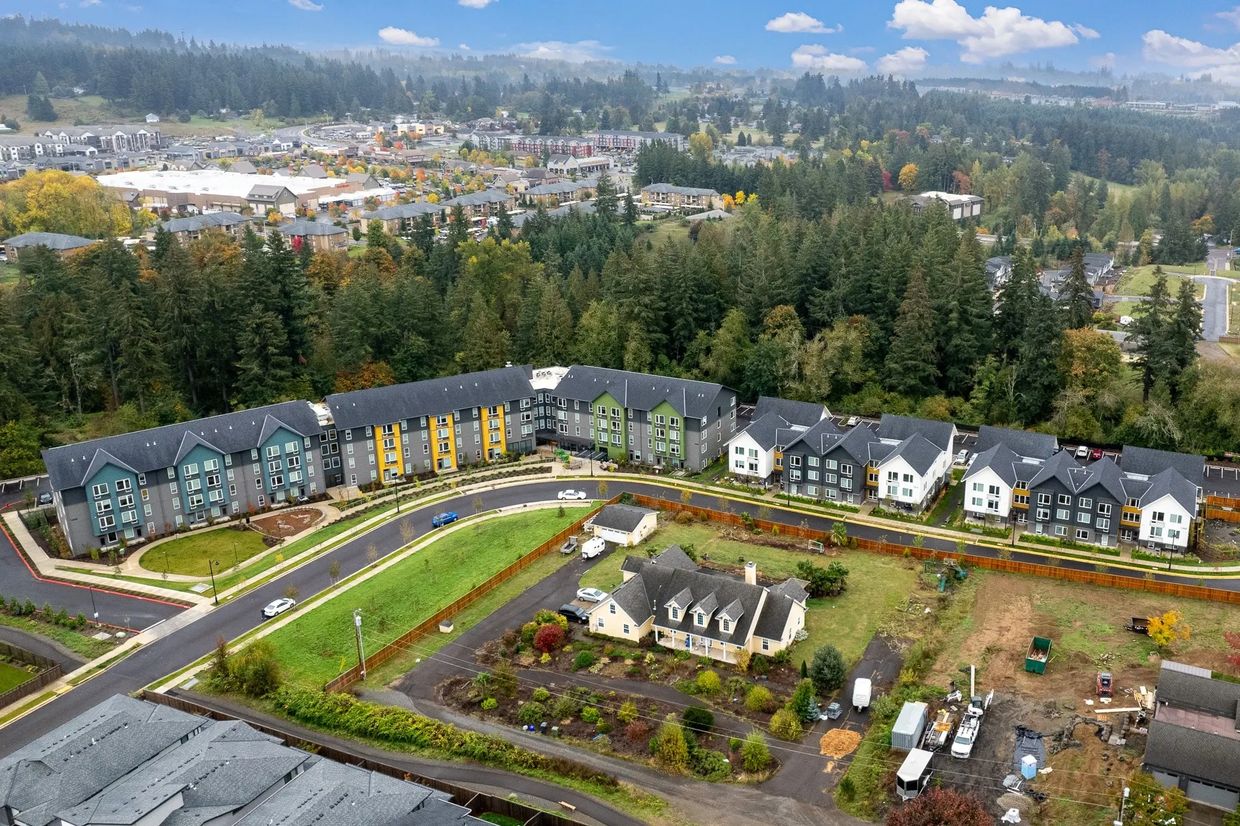 Aerial view of residential buildings near a forested area on a clear day.