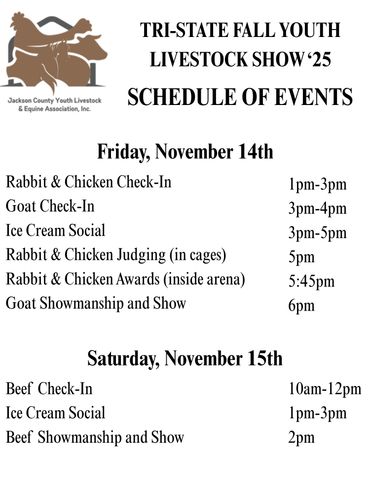 Schedule of Tri-State Fall Youth Livestock Show events on Nov 14-15.