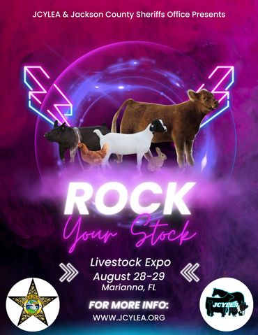 Livestock Expo poster featuring cow, goat, chicken, and rabbit with neon accents.