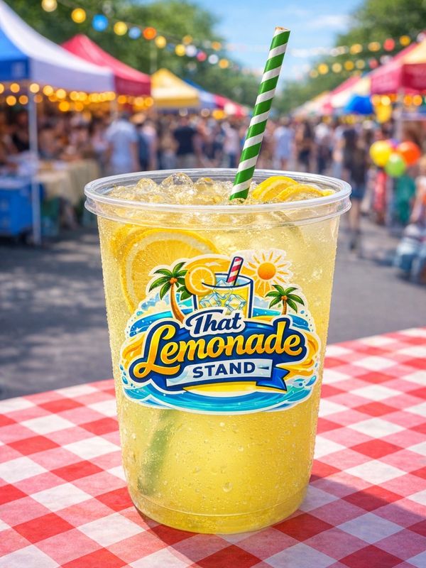 A refreshing lemonade with lemon slices and a striped straw at an outdoor market.