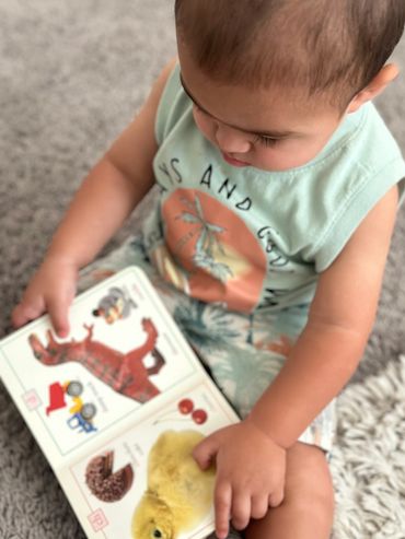 child looking at a book