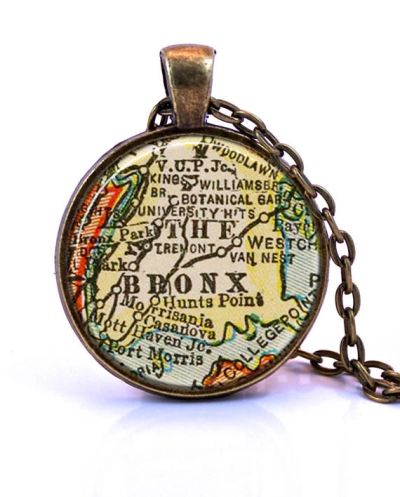 Pendant featuring a vintage map of The Bronx with a bronze chain.