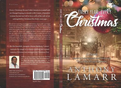 A cozy Christmas-themed book cover featuring a snowy city street and festive decorations.