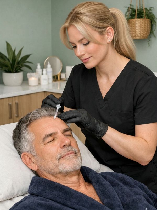 A gentleman receiving injections in his forehead at a med spa by a nurse in black scrubs.