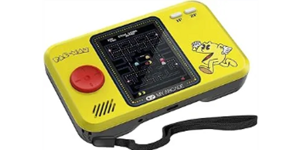 Yellow handheld Pac-Man arcade game with joystick and buttons.