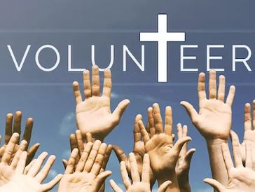 Raised hands under the word Volunteer with a cross.
