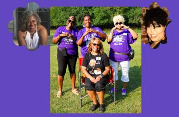Group of five smiling women outdoors with purple accents.