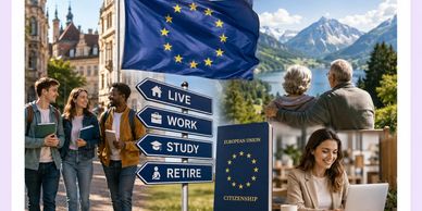 EU flag, signposts for life stages, and people interacting.