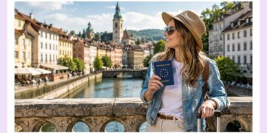 Woman holding passport on city bridge.