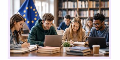 Students studying together in a library.
