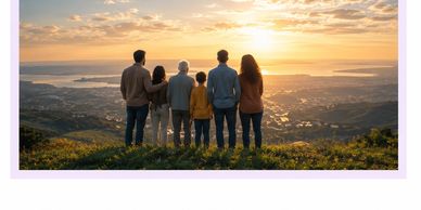 Family watching sunset over a scenic landscape.