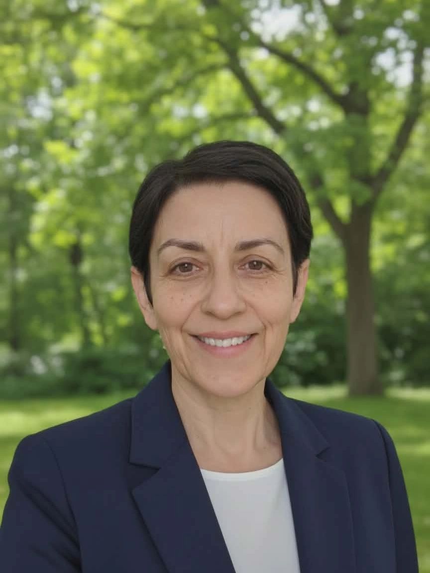 Smiling woman in navy blazer outdoors.