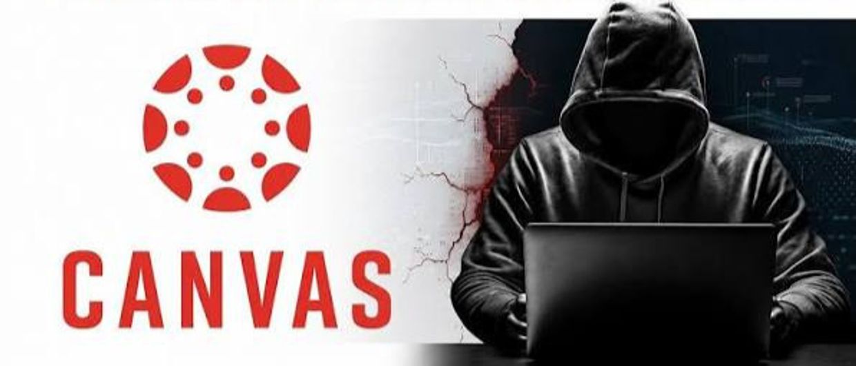 Hacker in black hoodie beside Canvas logo on cracked background.