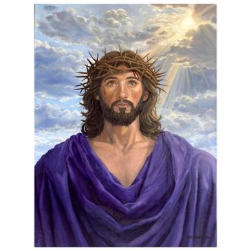 Jesus wearing a crown of thorns with sunlight breaking through clouds.