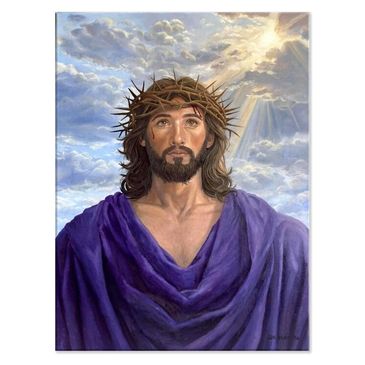 Portrait of Jesus with a crown of thorns and radiant sky.