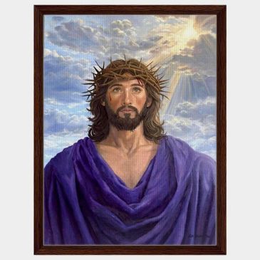 Portrait of Jesus wearing a crown of thorns and purple robe under dramatic skies.