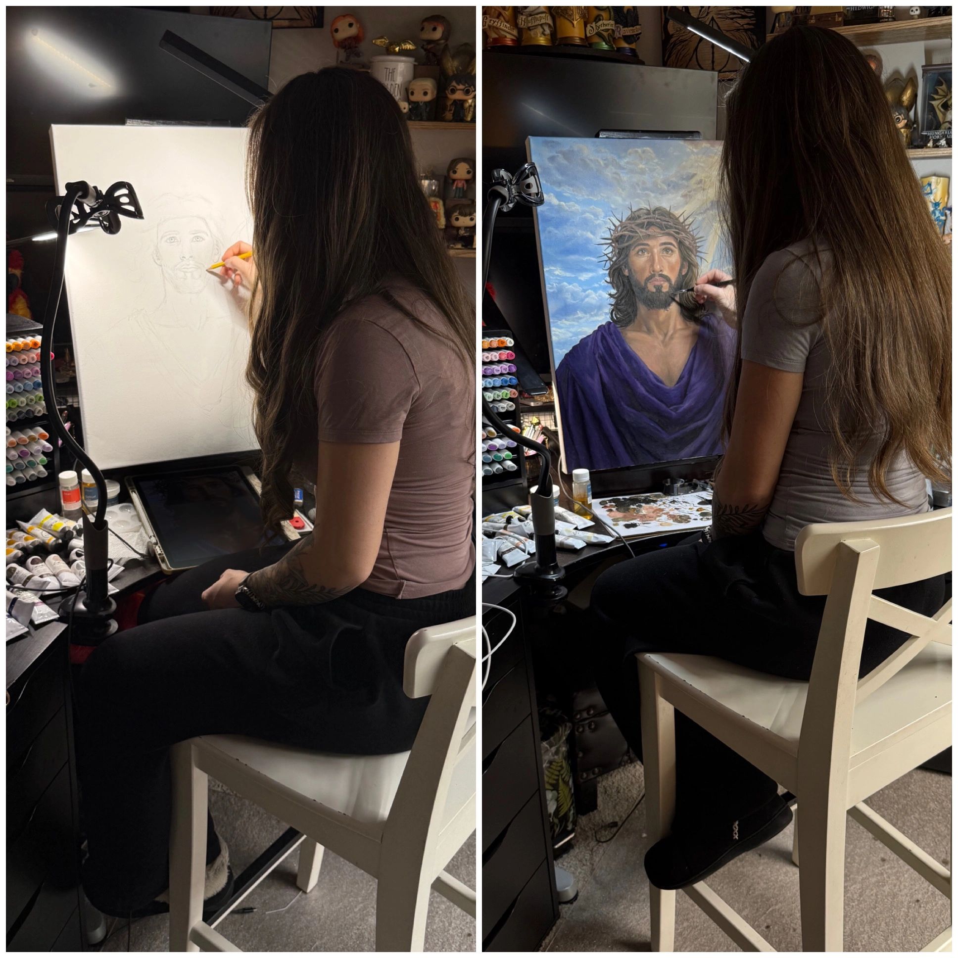 Artist painting a detailed portrait of Jesus wearing a crown of thorns.