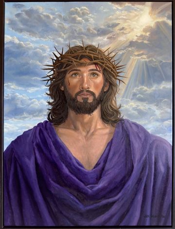 Portrait of Jesus wearing a crown of thorns and a purple robe under a radiant sky.