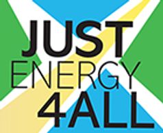 Logo with text 'JUST ENERGY 4 ALL' on colorful geometric background.
