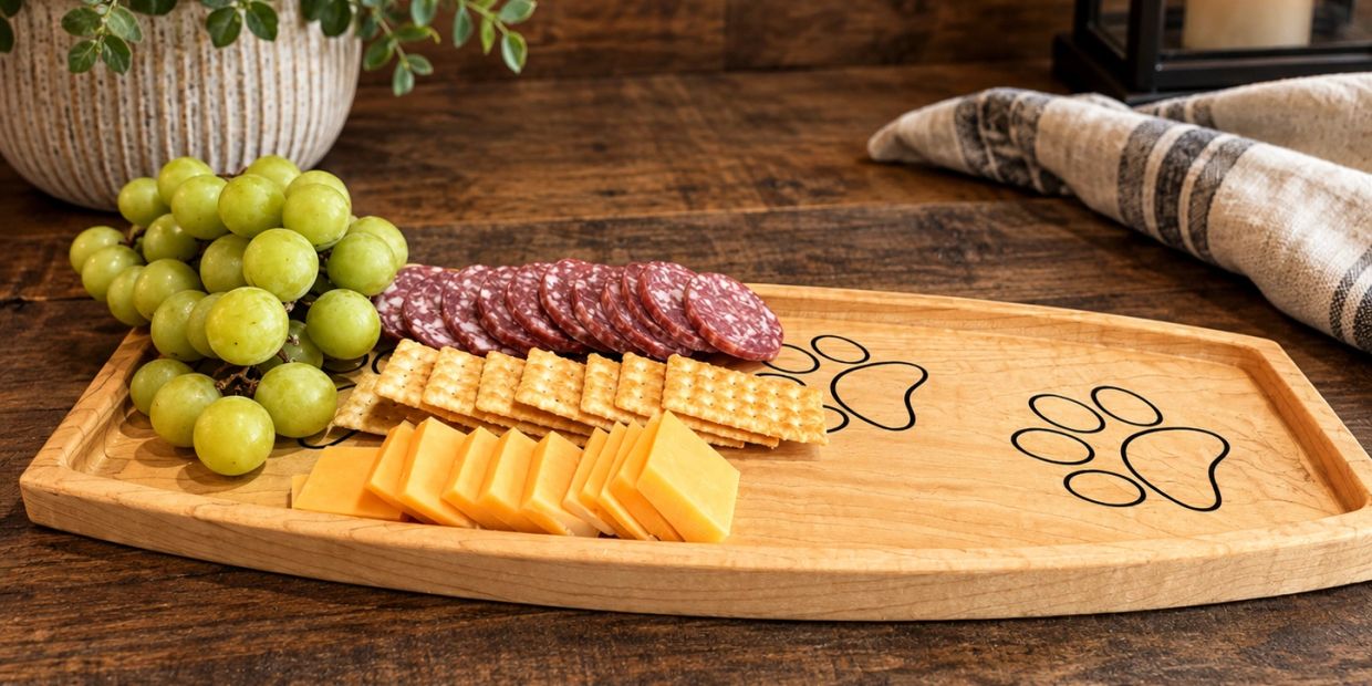Cheese, crackers, salami, and grapes on a wooden tray with paw prints.