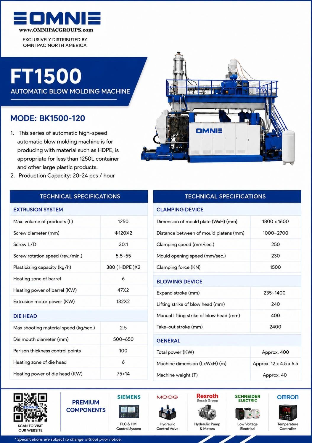 FT1500 automatic blow molding machine with detailed technical specifications.