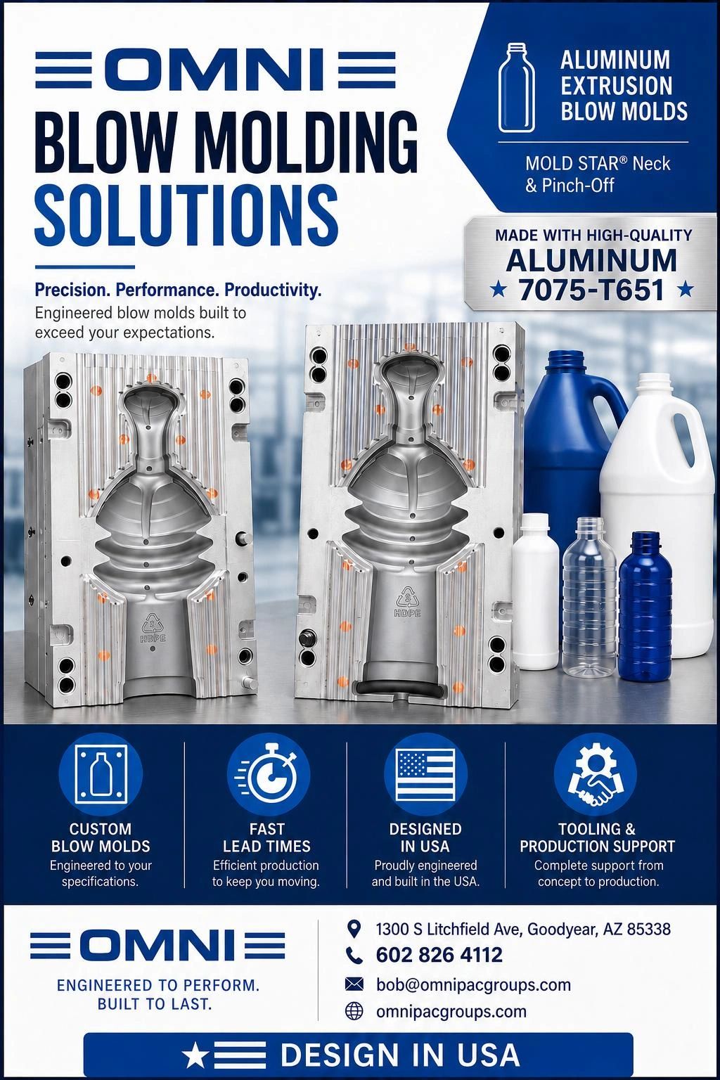 Ad for OMNI blow molding solutions with aluminum molds and product support.