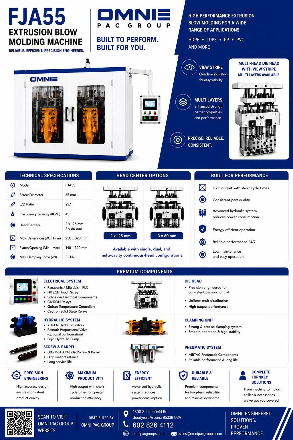 FJA55 extrusion blow molding machine by Omni Pac Group with high performance and precision engineering.