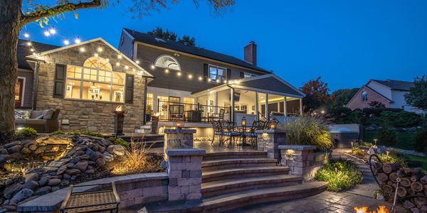 Twilight photo of hardscaped patio in Hempfield Lancaster Pennsylvania.