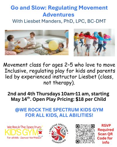 Movement class for kids ages 2-5 focusing on inclusive, regulated play led by experienced instructor Liesbet Manders.
