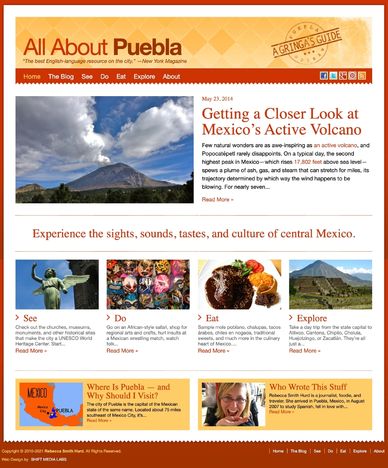 The homepage for All About Puebla, featuring a photo and a blog post about the active volcano.