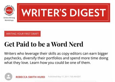 A screenshot of the headline of a Writer's Digest article, "Get Paid to Be a Word Nerd."