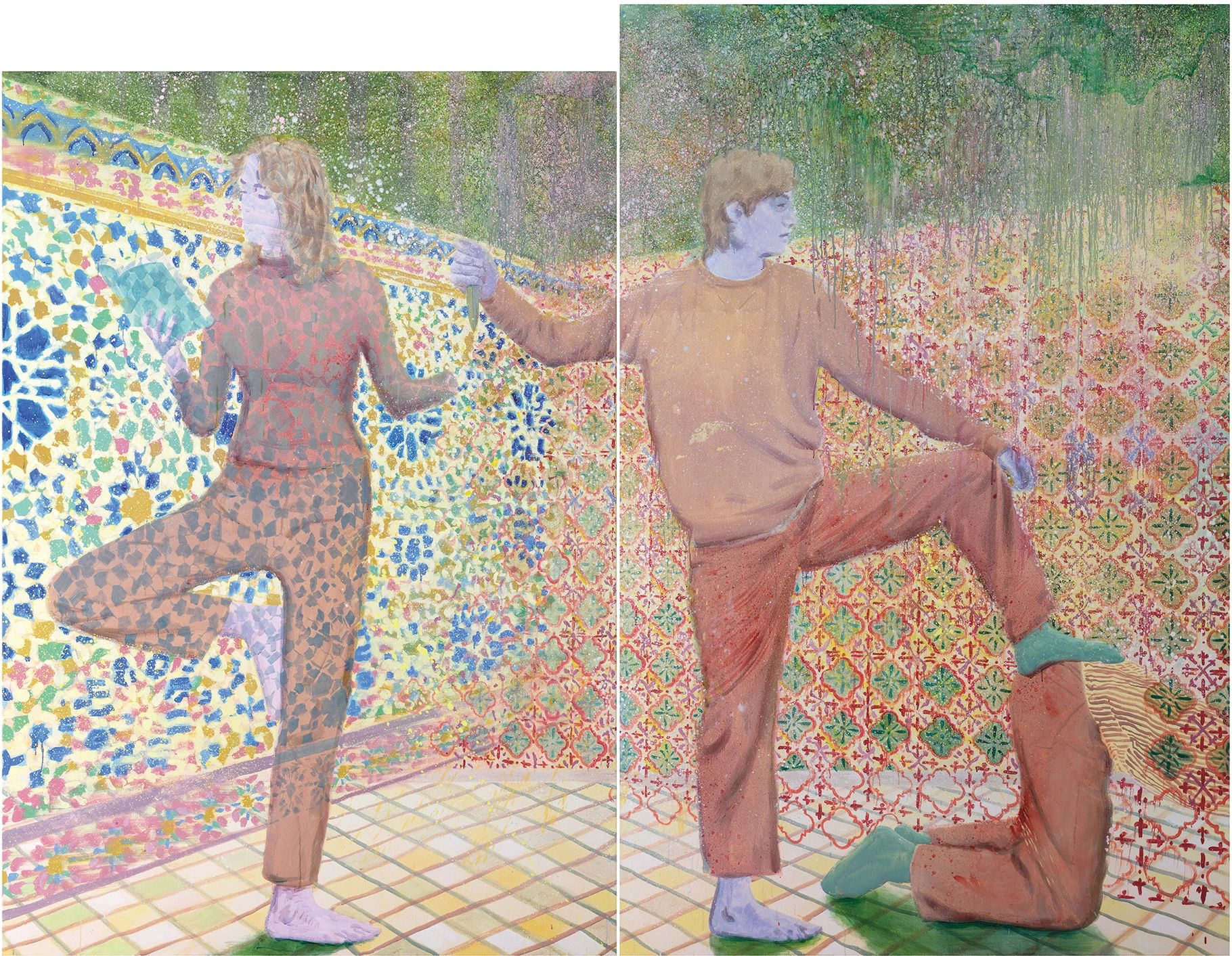 Zwei Figuren in gemustertem, farbenfrohem Raum posieren mit erhobenen Beinen.