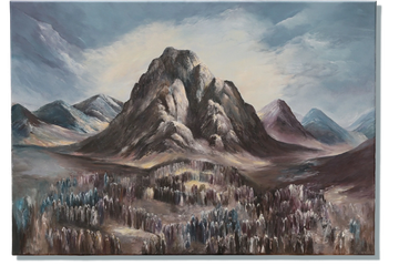 Painting of a mountain landscape under a cloudy sky.