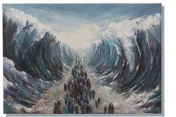 People walking through a parted sea.