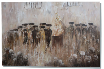 Abstract painting of people with umbrellas around a central peak.