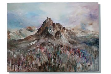 Painting of a rugged mountain with colorful vegetation.