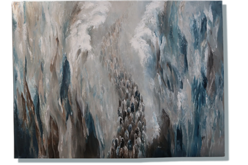 Abstract painting with swirling clouds and textured patterns.
