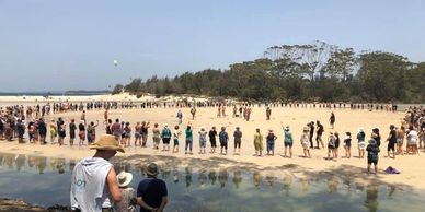 People forming a large human chain on a sandy beach under clear skies.