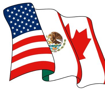 Waving flags of the USA, Mexico, and Canada side by side.