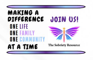 Inspirational poster encouraging community support for sobriety with vibrant butterfly logo.
