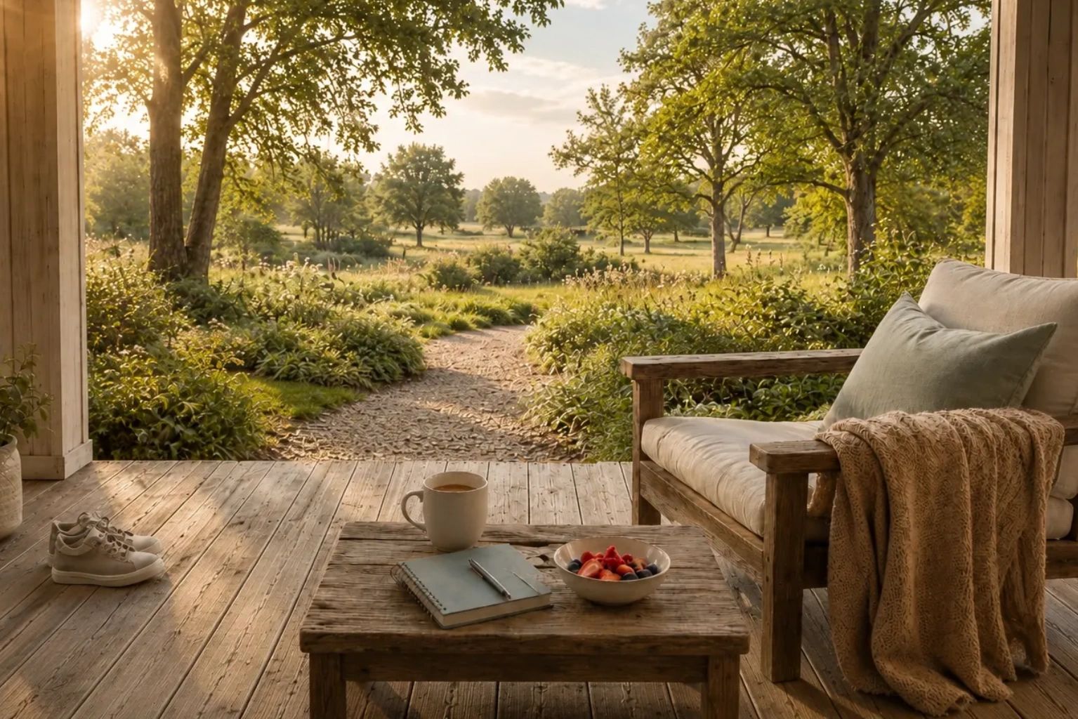 Cozy porch overlooking sunlit countryside