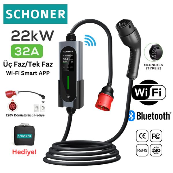 SCHONER 22kW 32A electric vehicle charger with Wi-Fi and Bluetooth.
