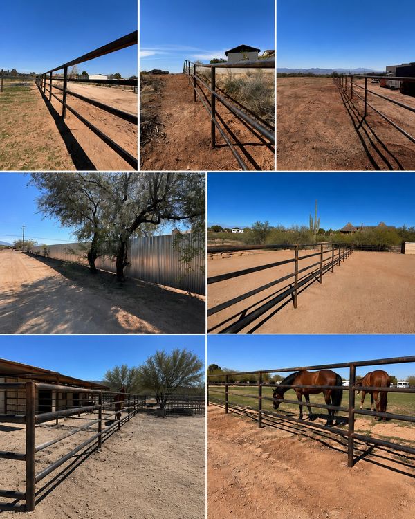 Rustic metal fencing enclosing a dry, sunny rural area with horses grazing.