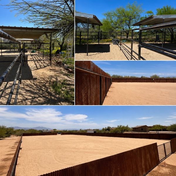 Four images of an outdoor horse arena and fenced holding pens under a clear sky.