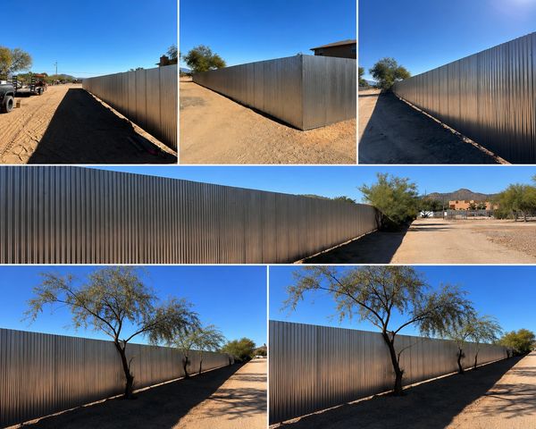 Long corrugated metal fence stretches along a sunny dirt path with scattered trees.