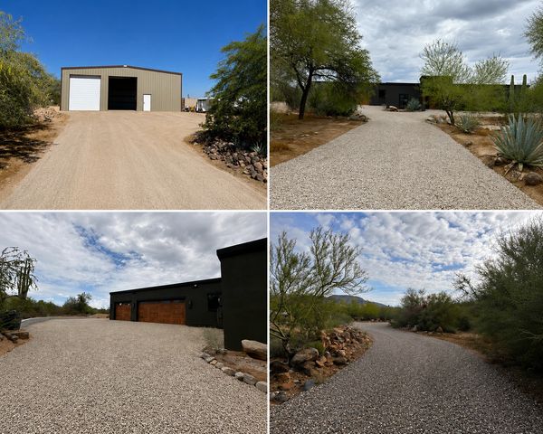 Four images of gravel driveways leading to buildings under blue and cloudy skies.