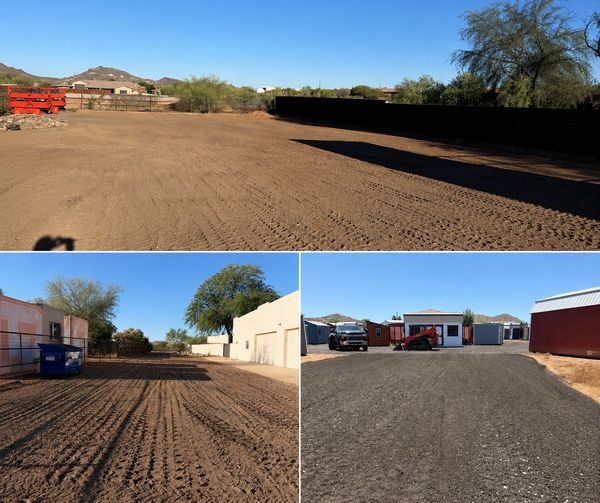 Three views of a cleared and leveled outdoor lot with dirt and gravel surfaces under a blue sky.