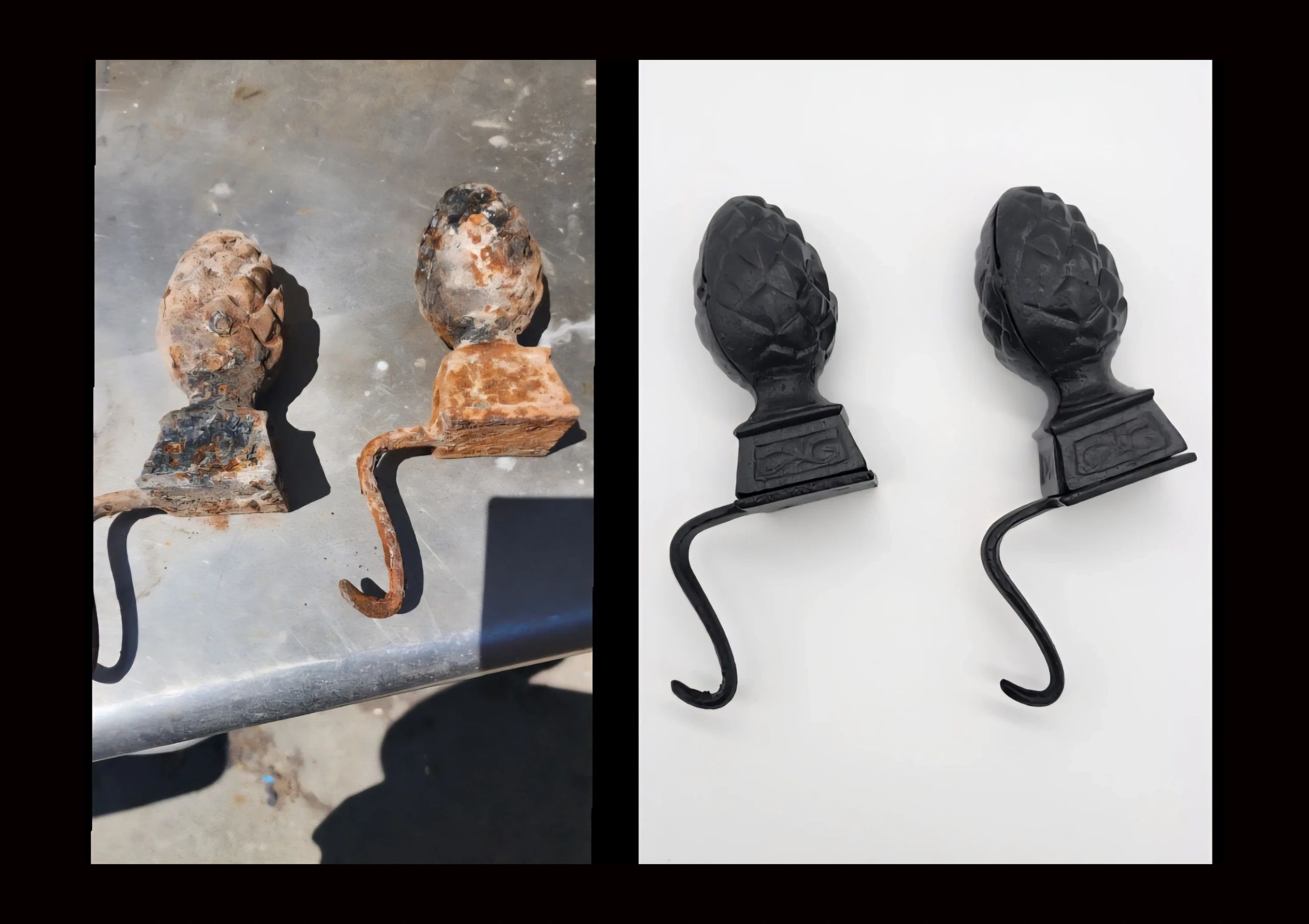 Before and after restoration of decorative metal hooks.