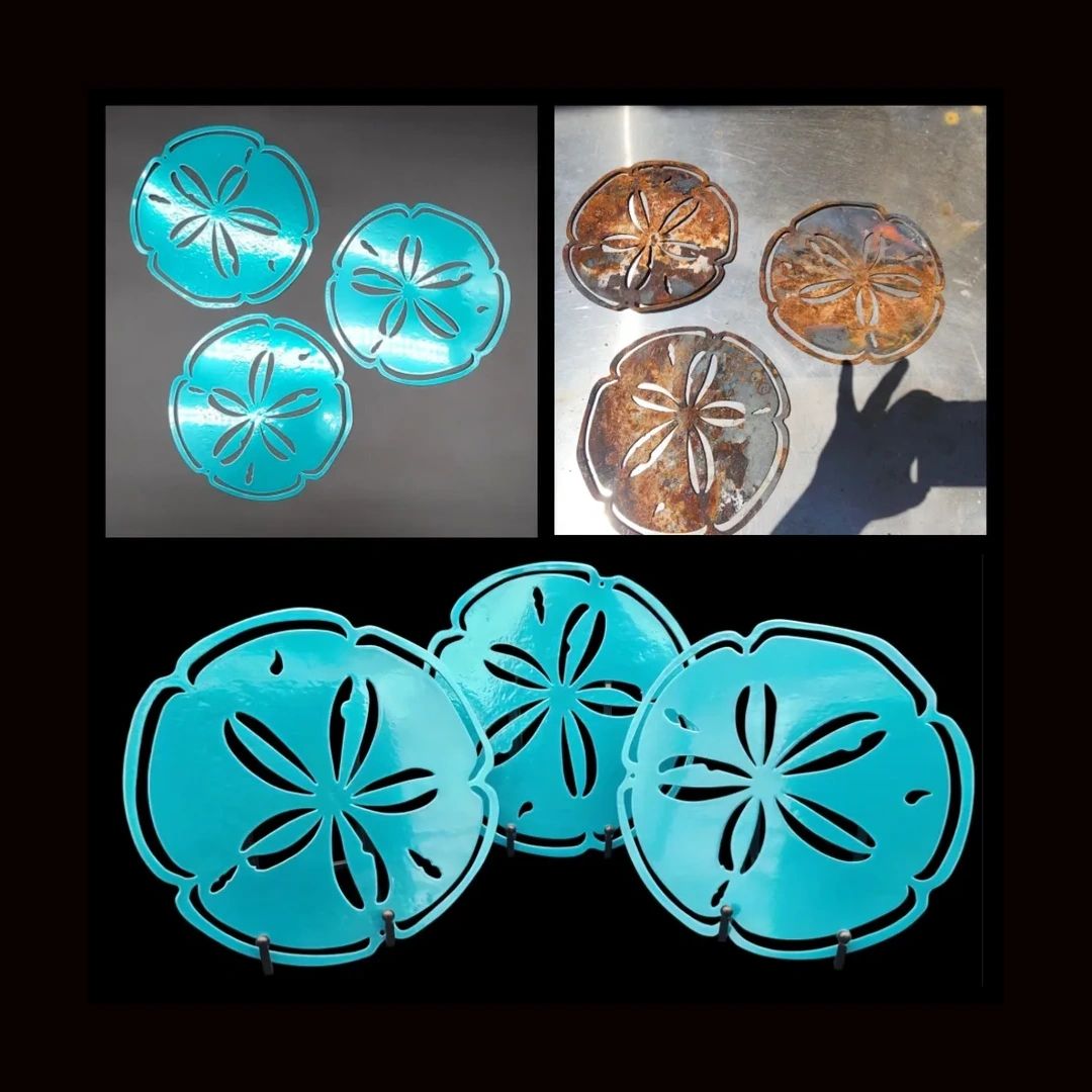 Before and after photos of rusty sand dollar metal art turned bright turquoise.